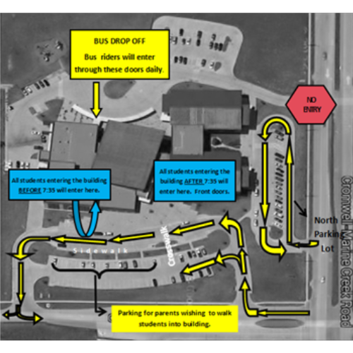 graphic showing directional arrows for car drop off